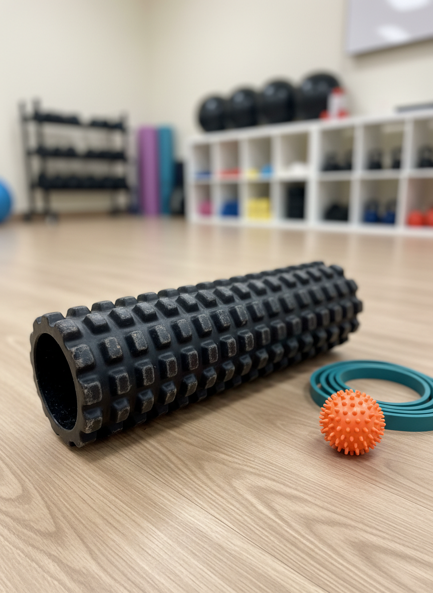 A detailed close-up of a well-used, high-quality black foam roller resting diagonally on a pale wood clinic floor, its textured surface sharply defined. Nearby, a neatly coiled resistance band in teal and a small, firm massage ball in bright orange create a subtle color contrast. Soft overhead clinical lighting creates gentle highlights on the roller’s ridges and faint, clean shadows beneath each tool. The background is softly blurred, hinting at a professional rehab space with neutral walls and organized equipment racks. Photographic realism, shallow depth of field, and a clean, modern aesthetic emphasize focused, purposeful rehabilitation tools ready to support recovery.