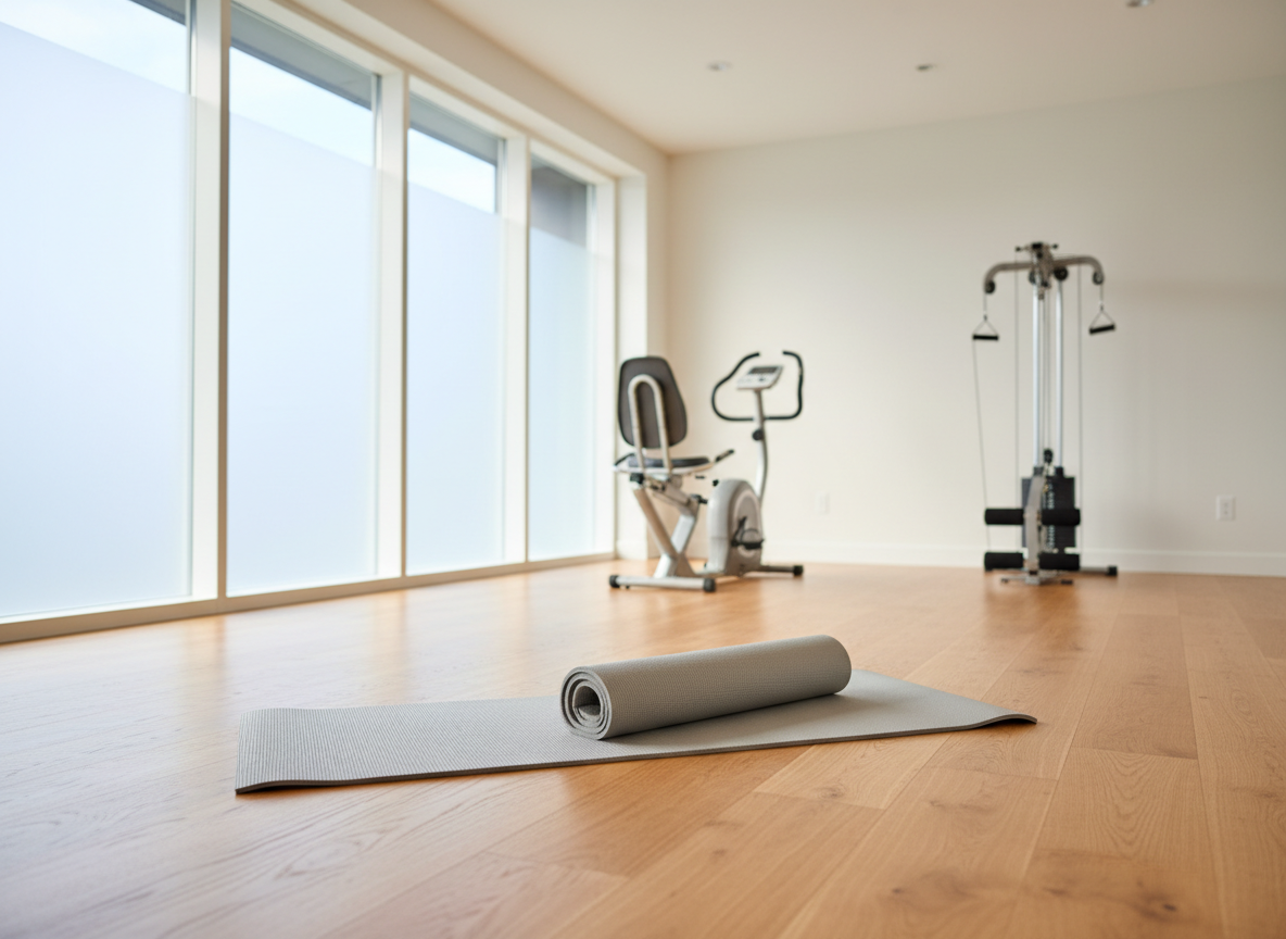 An open, sunlit space showcasing a serene recovery area designed for gentle movement, with a neatly rolled light-gray exercise mat centered on a smooth, warm oak floor. In the mid-ground, an adjustable stationary bike and a low cable machine stand against a soft white wall, their metal frames clean and modern. Large frosted windows wash the room in diffused daylight, softening all edges and creating a peaceful glow. The mood is calm and optimistic, suggesting gradual return to strength. Photographic realism, eye-level composition with moderate depth of field, highlighting a safe, controlled environment for rebuilding mobility and confidence.