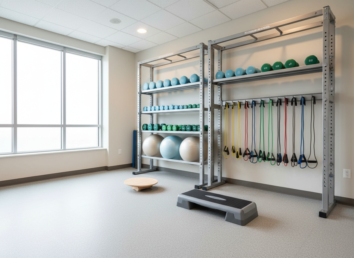 A bright rehabilitation gym corner featuring a sturdy metal rack of neatly arranged therapy equipment: graduated dumbbells in blues and greens, stability balls in muted tones, and color-coded resistance bands hanging in tidy lines. A balance board and step platform are placed precisely on a spotless, lightly textured rubber floor. Soft, natural window light blends with warm ceiling lights, creating an inviting yet clinical atmosphere with minimal glare. Captured from a slightly elevated angle using the rule of thirds, the composition highlights the organized tools of progressive recovery. Photographic realism with crisp detail throughout, conveying structure, professionalism, and hopeful forward motion.