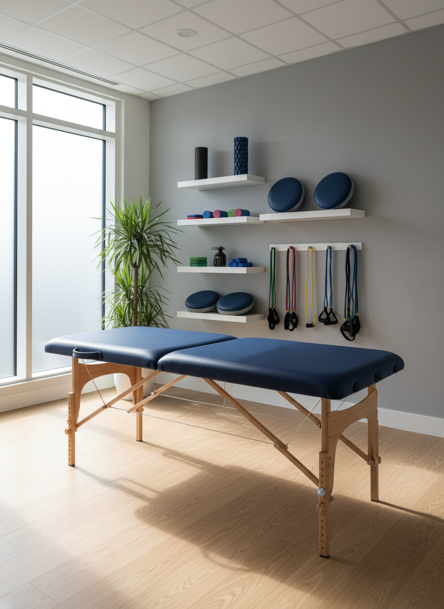 A modern physical therapy treatment room with a sturdy, navy-blue padded treatment table centered in the frame, its vinyl surface smooth and slightly reflective. Around it, neatly organized resistance bands, foam rollers, and balance cushions rest on clean white shelving against a soft gray wall. Large windows on one side let in diffused late-morning daylight, casting gentle, elongated shadows across a light wood floor. The atmosphere is professional yet warm, with a single leafy plant in the corner adding a touch of life. Photographic realism, eye-level composition with sharp focus throughout, conveying a calm, reassuring clinical environment ready for precise, expert care.